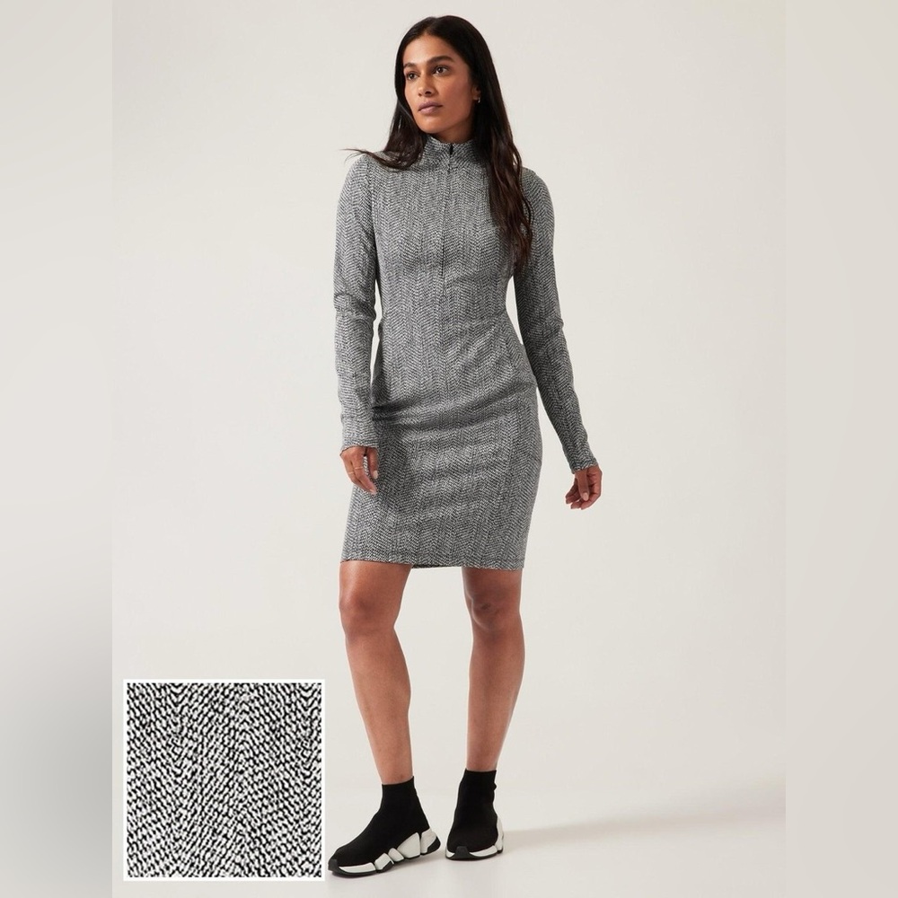 Athleta Delancey Dress Small Tall Braiden Black White Chalet Zip Pockets Shaping